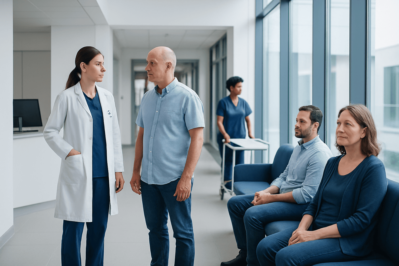 Doctor consulting with patient in hospital corridor.