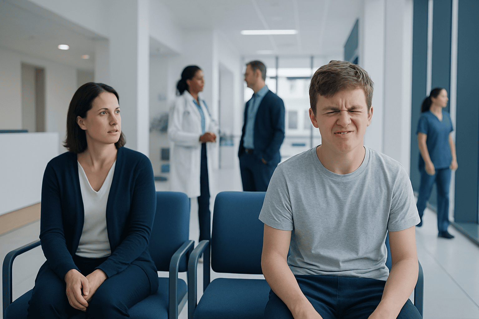 Young man experiencing tics in a hospital waiting area.