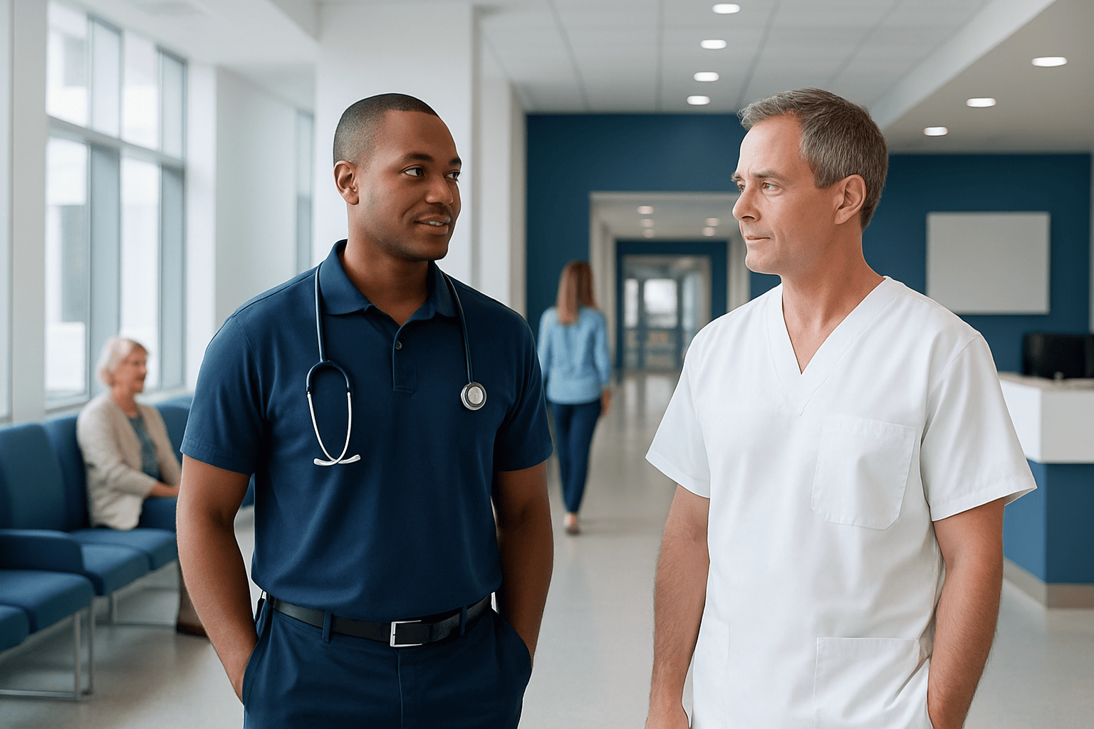 Orthopedic doctor and surgeon discussing patient care in hospital corridor.