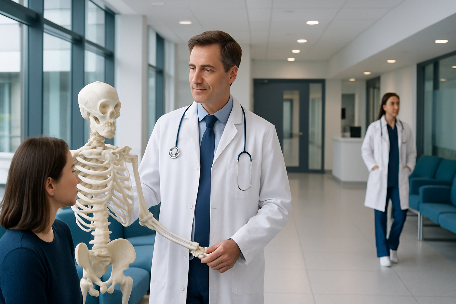 Doctor explaining bone health to a patient with a skeleton model in a hospital corridor.