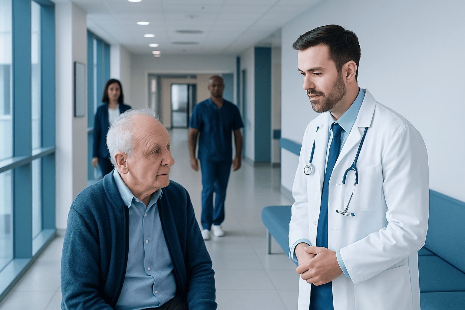 Doctor consulting elderly patient in hospital corridor.