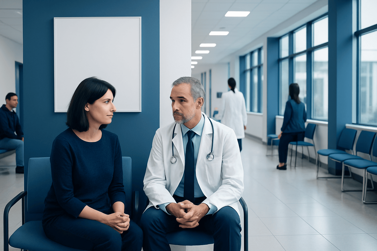 Doctor consulting with a patient in a hospital corridor.