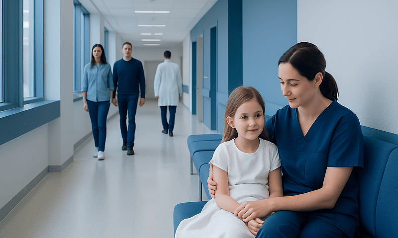 Child and nurse in hospital corridor after adenoidectomy surgery.