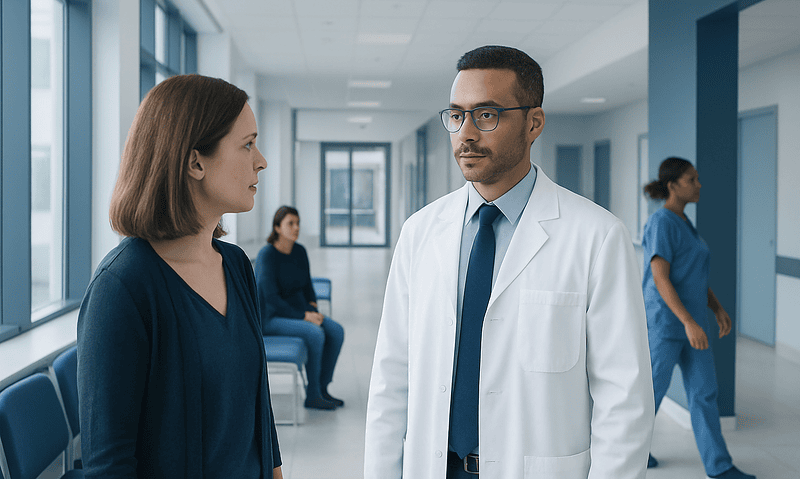 Endocrinologist consulting a patient in a hospital corridor.