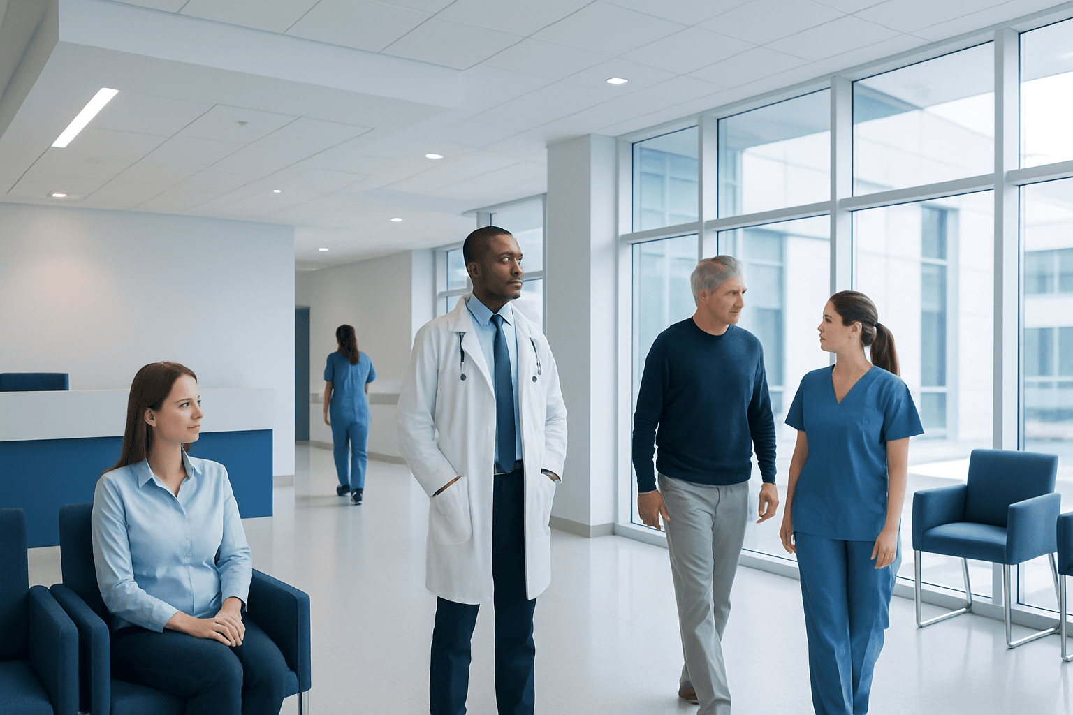 Medical professionals and patients in a modern hospital lobby.