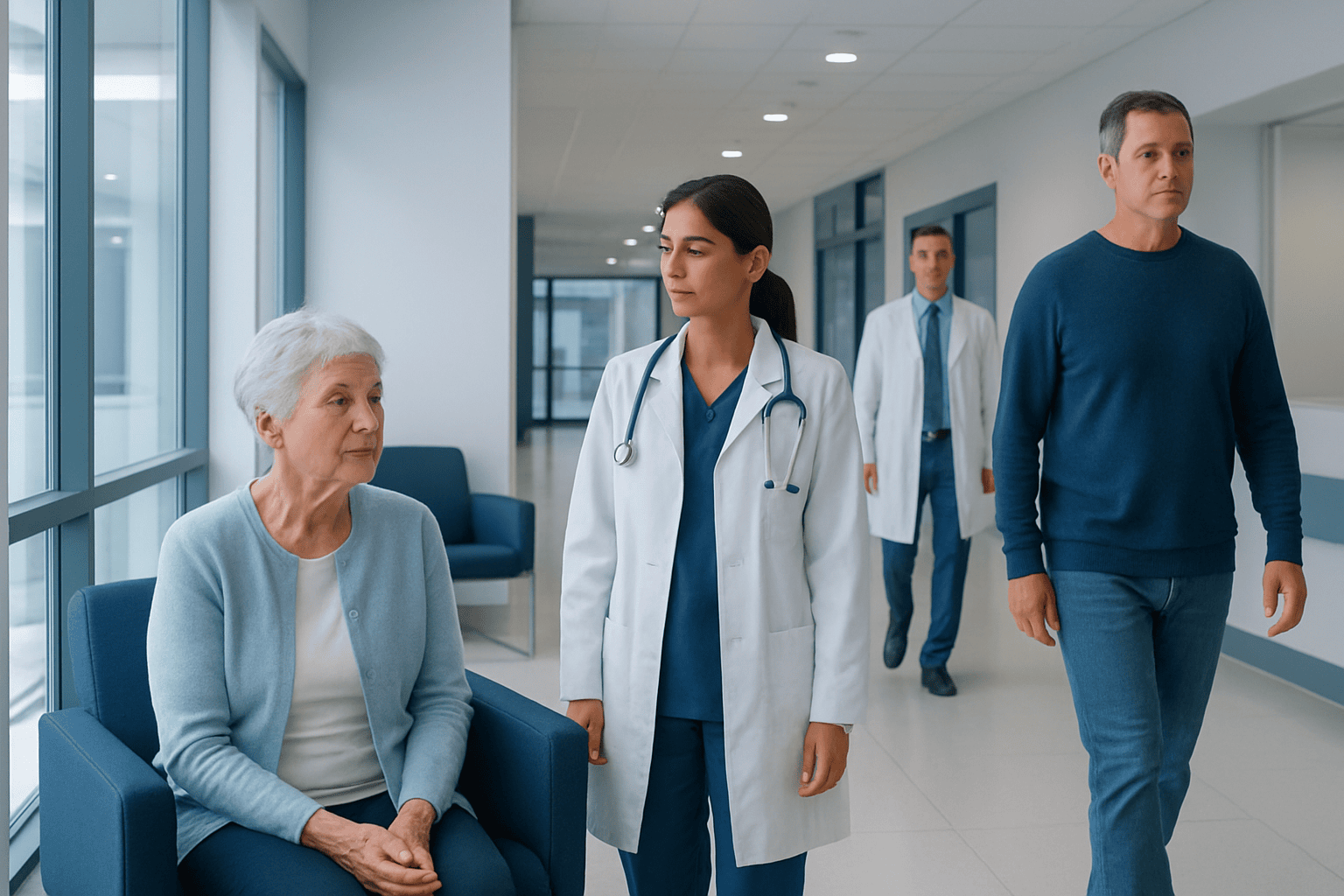 Medical team consulting elderly patient in hospital corridor.