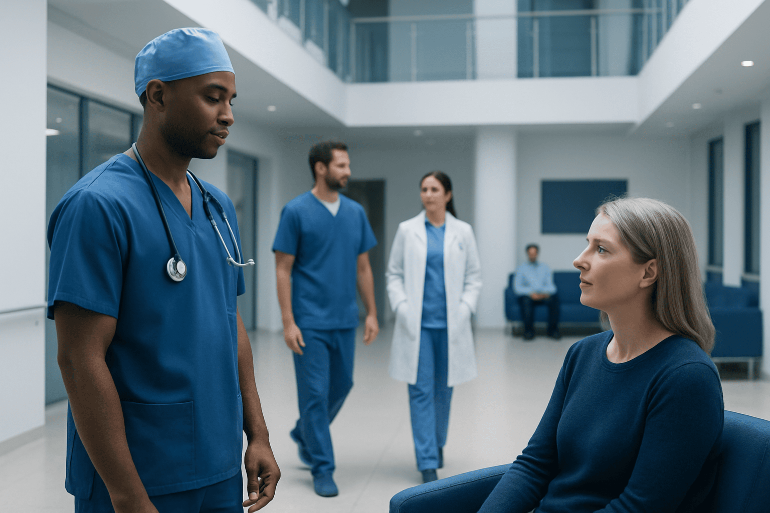 Medical team discussing patient care in hospital corridor.
