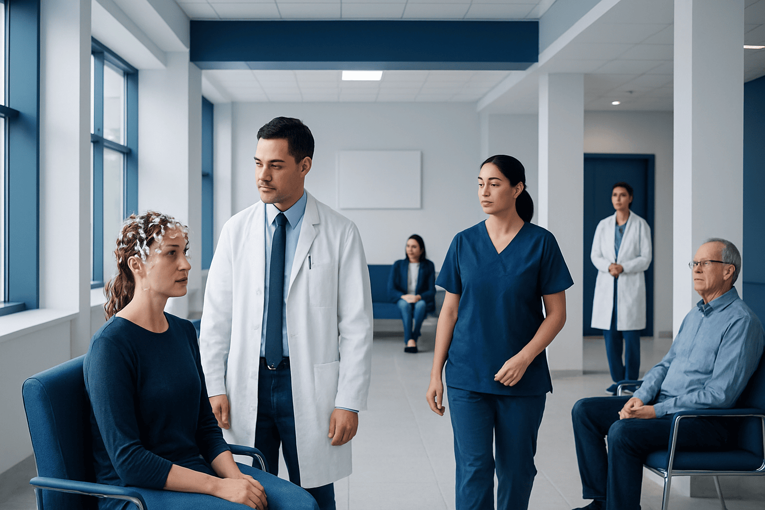 Medical professionals and patient in a hospital waiting area.