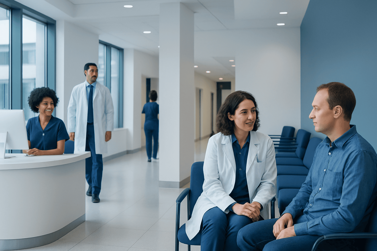 Medical professionals consulting with a patient in a hospital corridor.