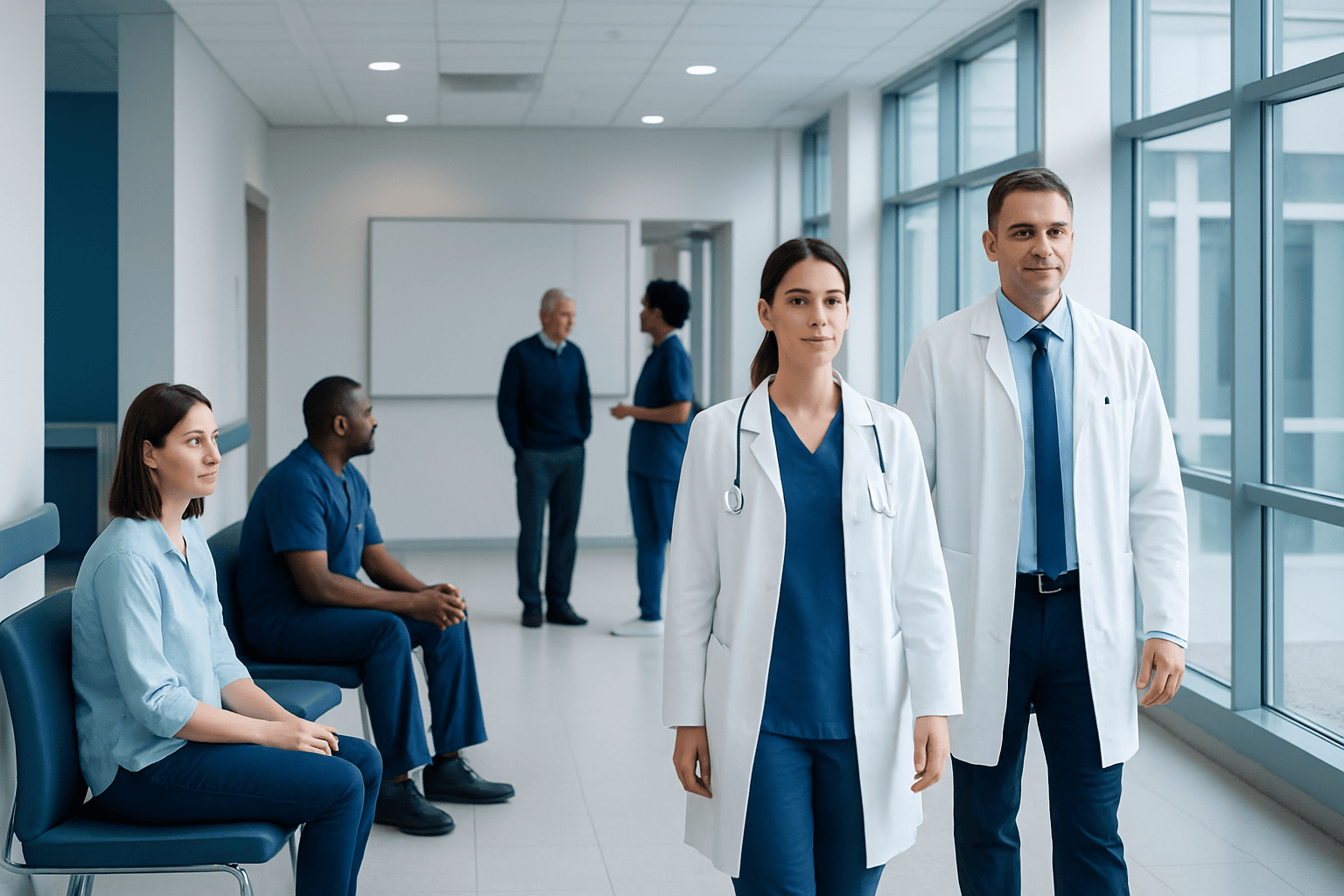 Medical professionals and patients in a hospital corridor with large windows.