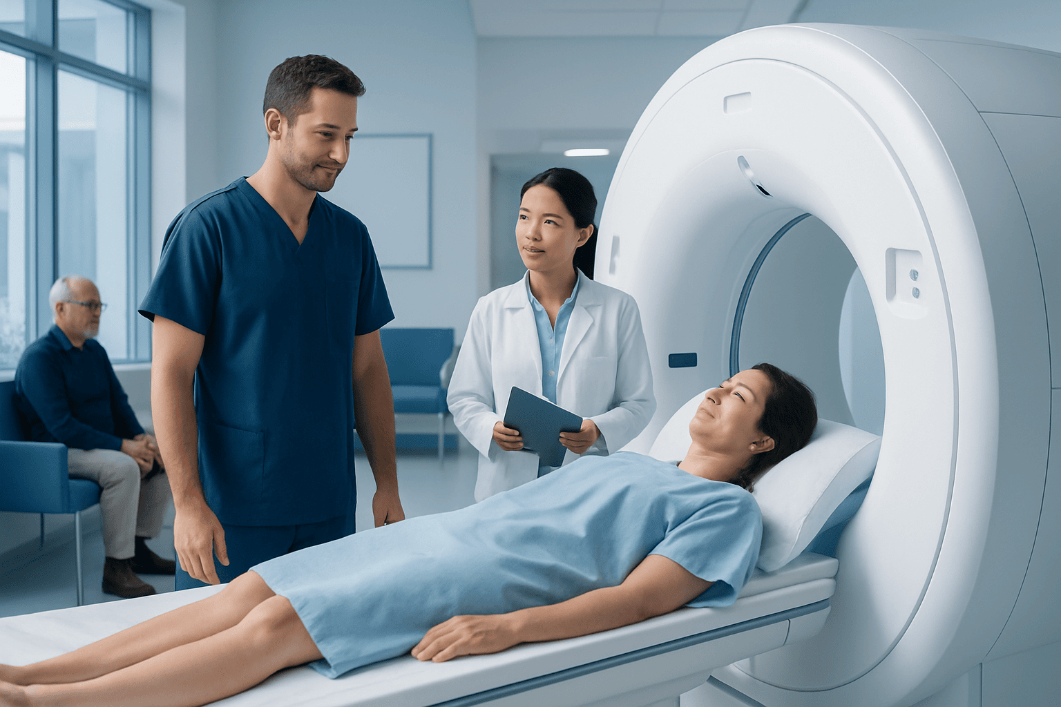 Patient undergoing MRI scan with medical staff in hospital.
