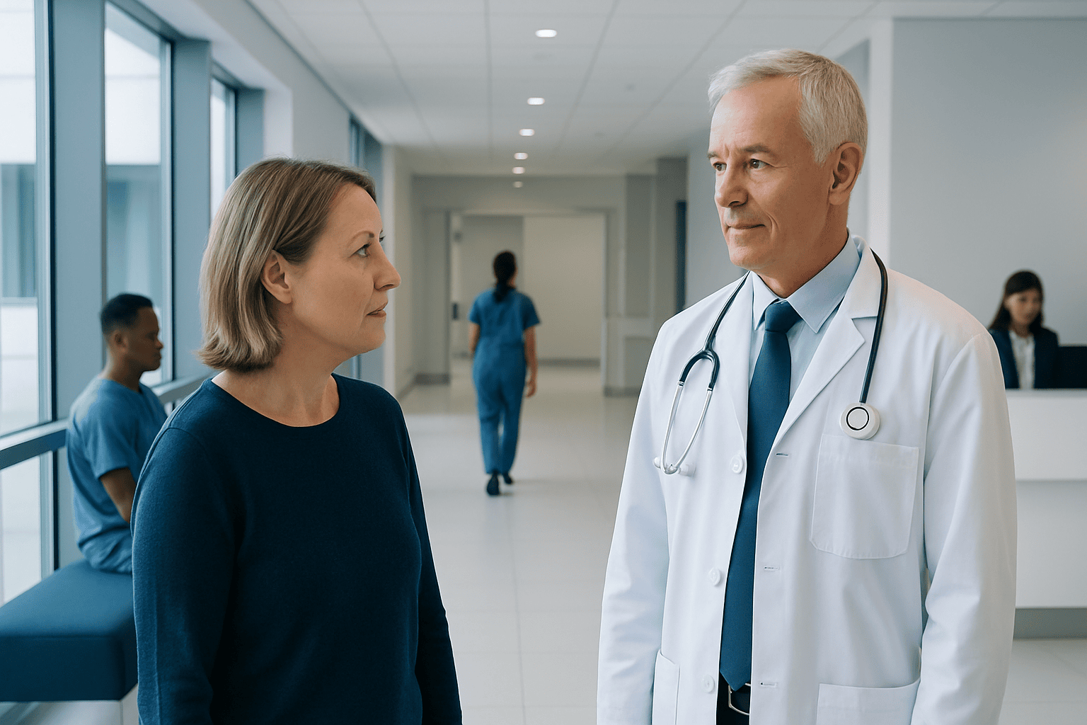 Doctor and patient having a consultation in a hospital corridor.