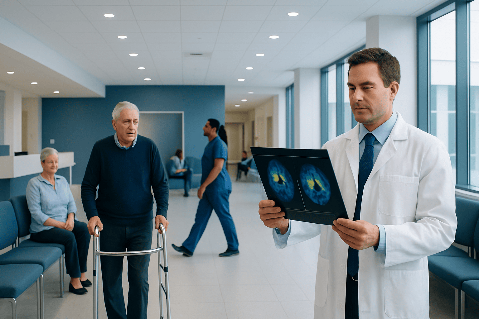 Doctor reviewing brain scan images for Parkinsonism diagnosis in hospital.