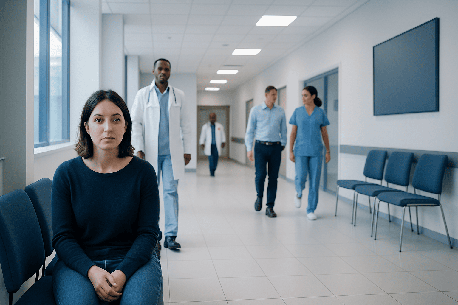 Patient waiting in hospital corridor with medical staff in background.