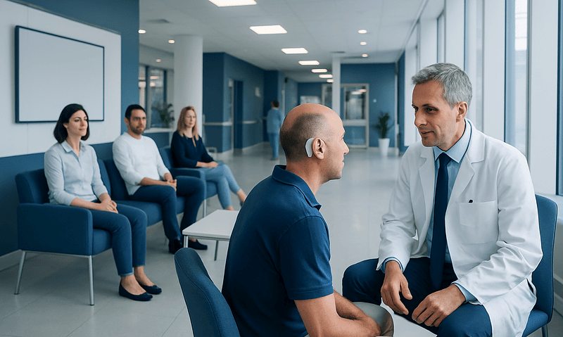 Doctor consulting with patient in a hospital waiting area.