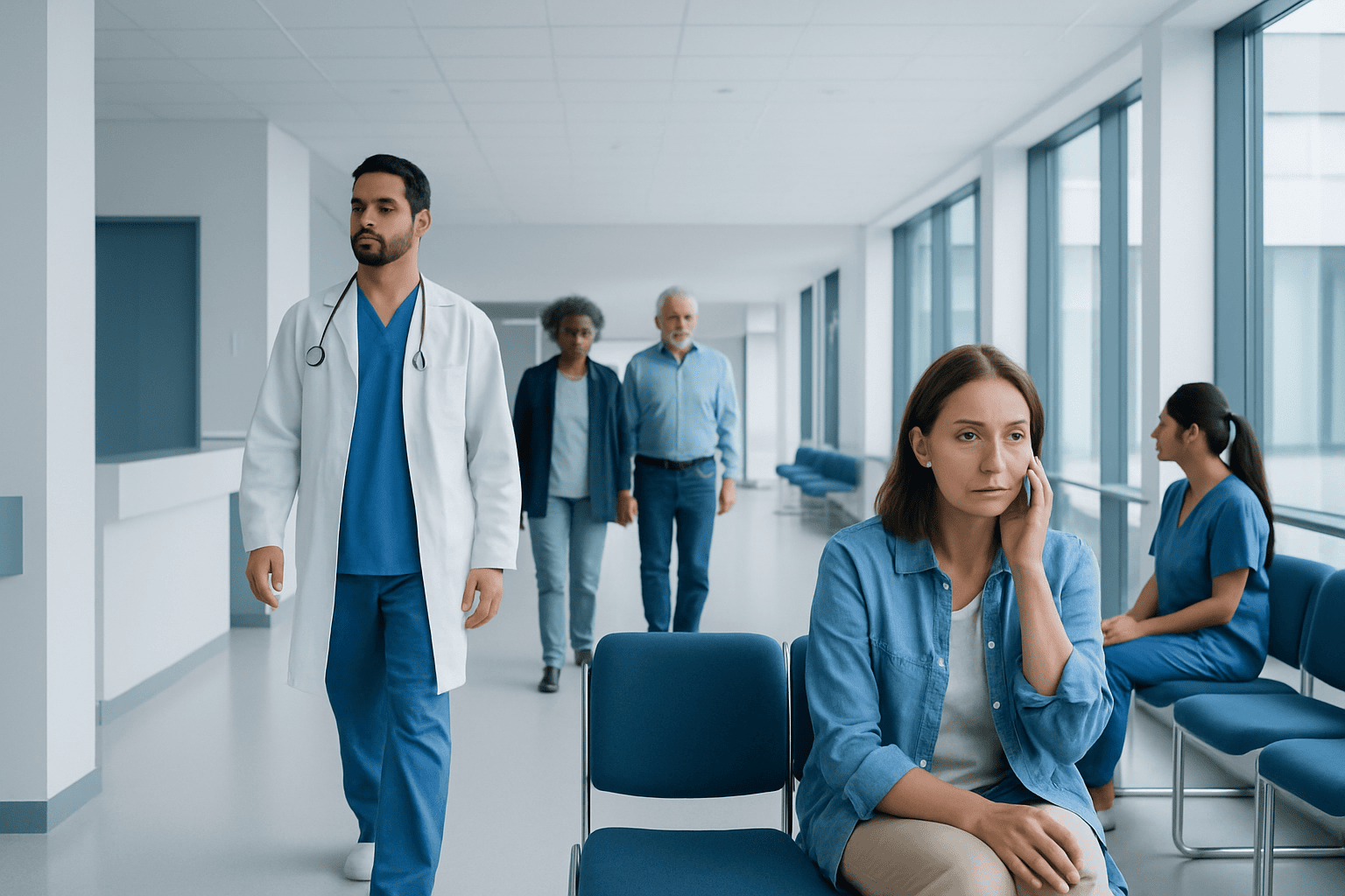 Patient experiencing double vision in a hospital corridor with medical staff nearby.