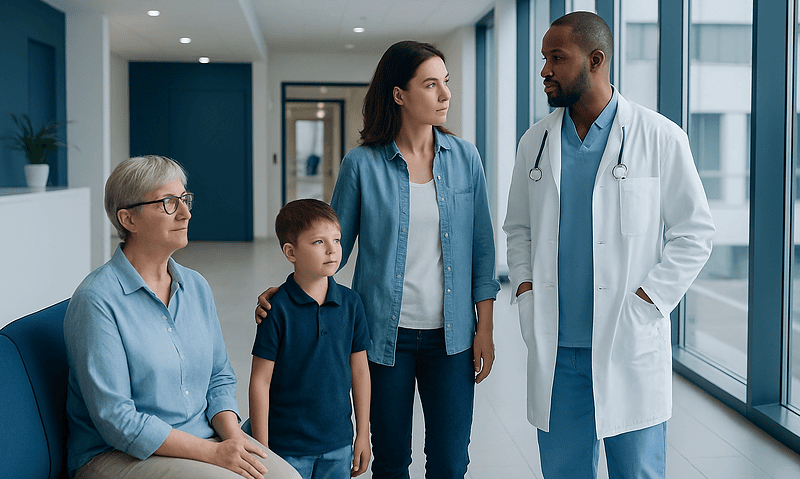 Doctor consulting with family in hospital corridor.