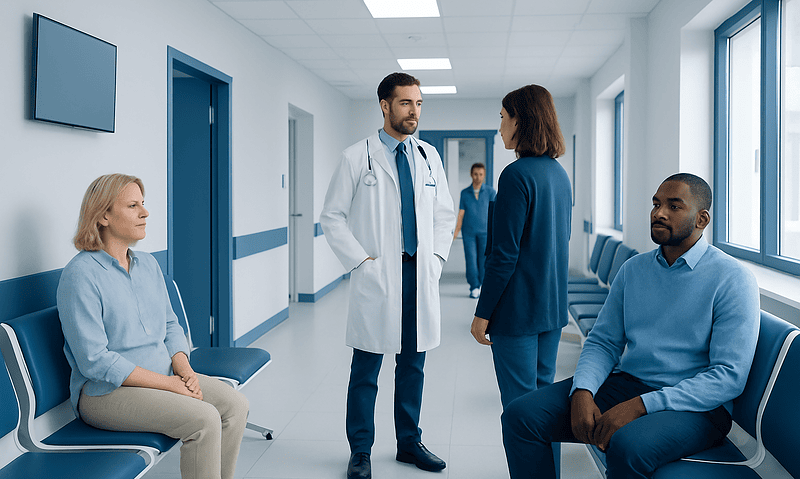 Medical consultation in hospital corridor with doctor and patients.
