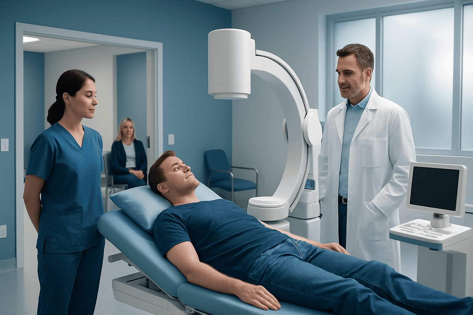 Patient undergoing extracorporeal shock wave lithotripsy (ESWL) for kidney stones.