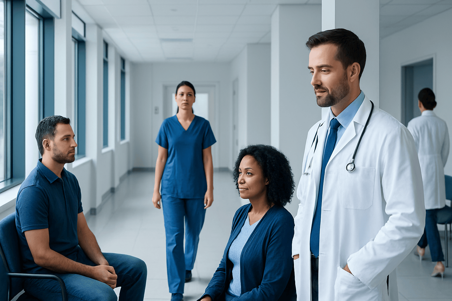 Doctor consulting with patients in a hospital corridor.
