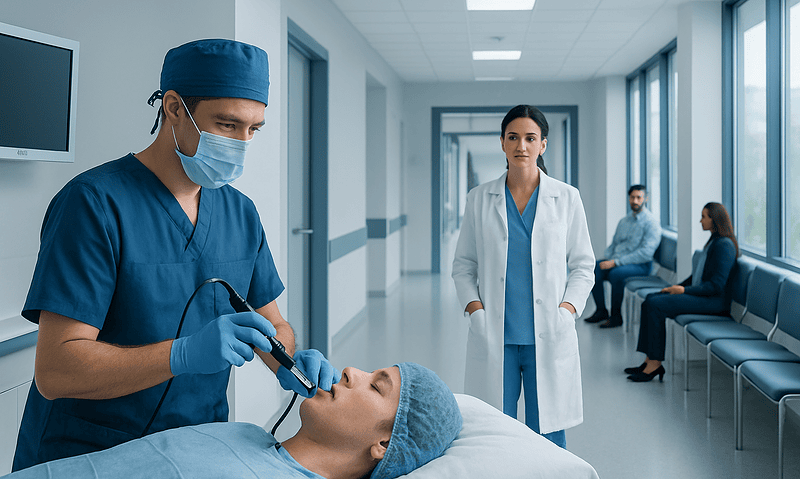 ENT specialist performs nasal endoscopy on patient in hospital corridor.