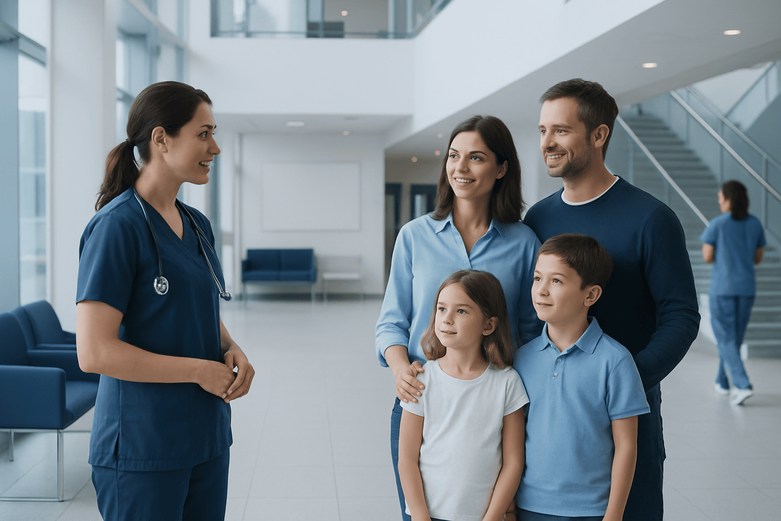 Family consulting with a healthcare professional in a hospital lobby.