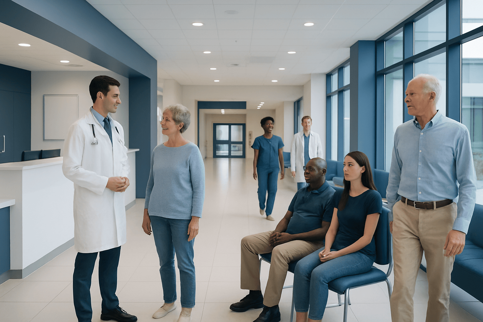 Healthcare professionals and patients in a modern hospital corridor.