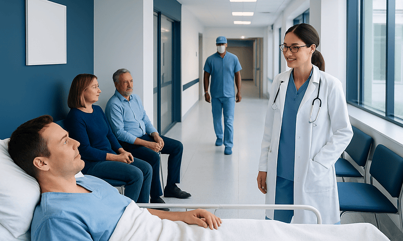 Doctor consulting patients in a hospital corridor with medical staff nearby.