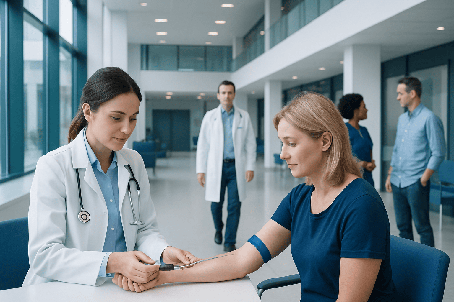 Doctor taking blood sample from a patient in a hospital corridor.