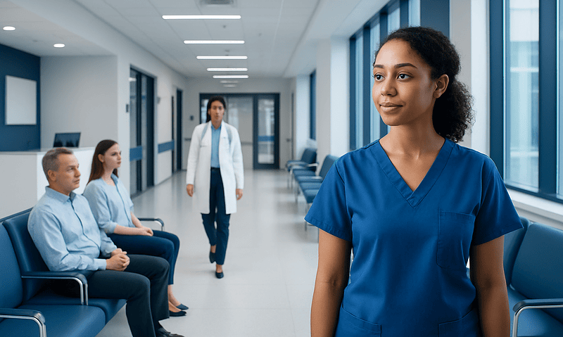 Healthcare professionals in a hospital corridor with a nurse in focus.