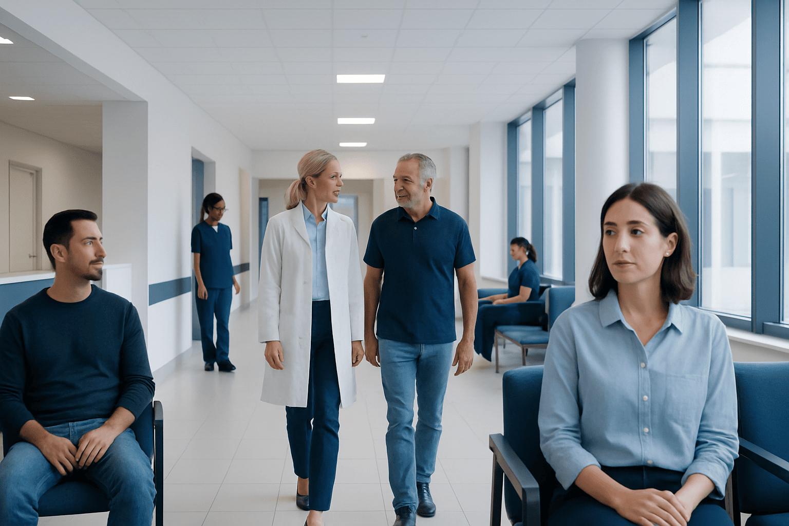 Patients and medical staff in a hospital corridor at Acibadem Hospitals Group.