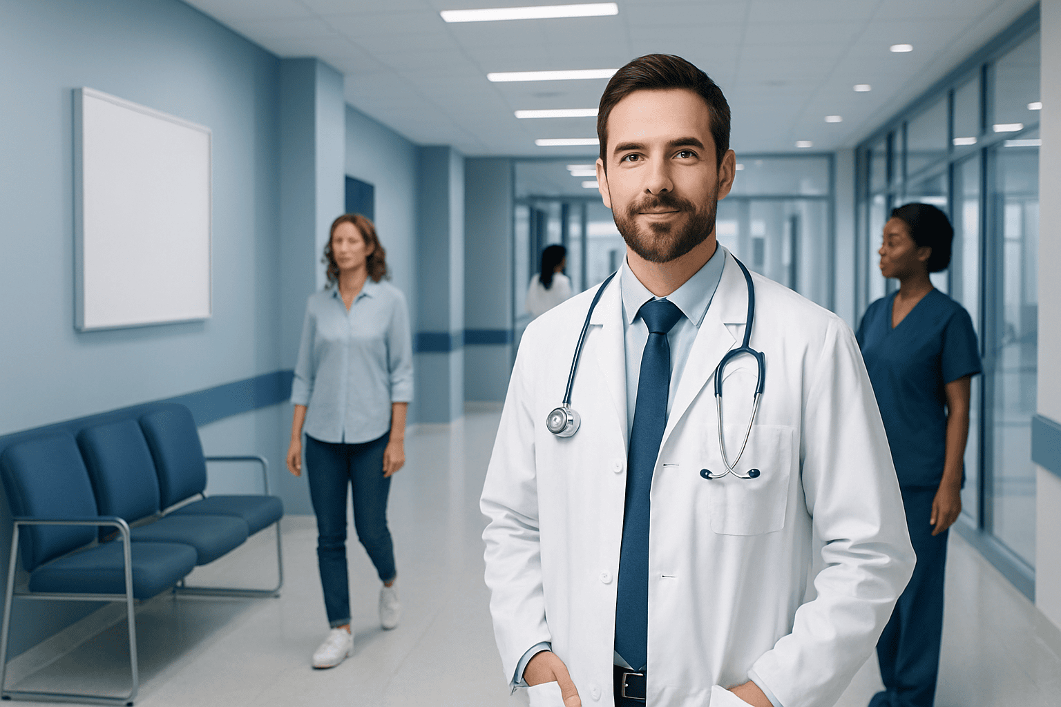 Doctor in hospital corridor with medical staff in background.