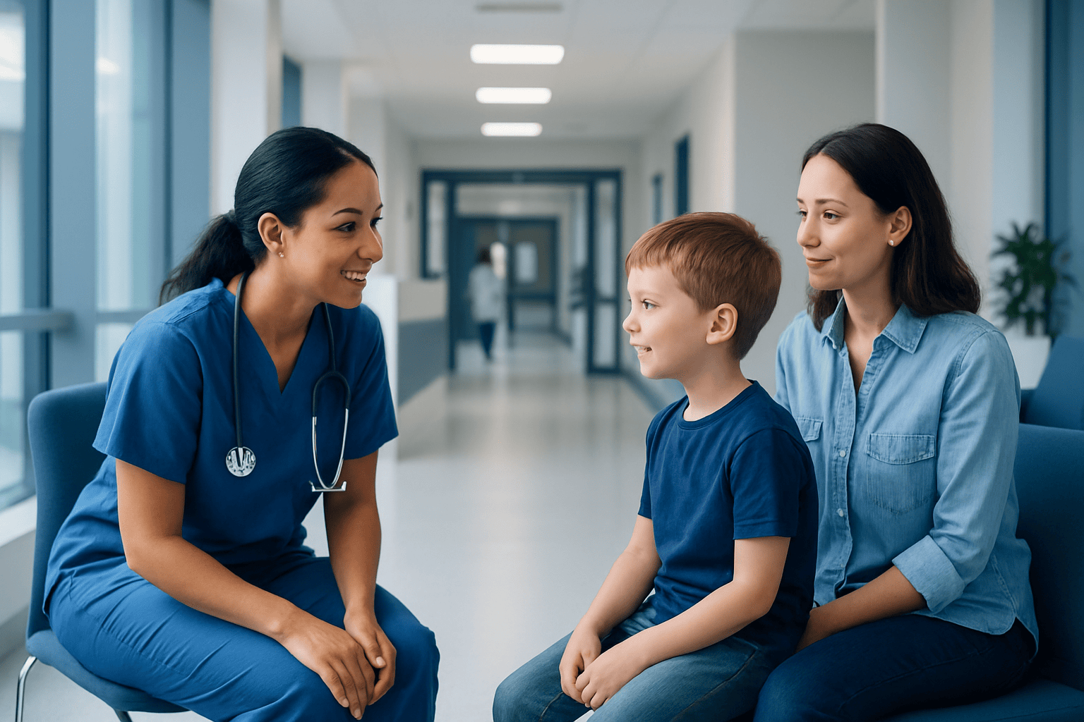 Pediatric nurse talking to a young boy and his mother in hospital corridor.