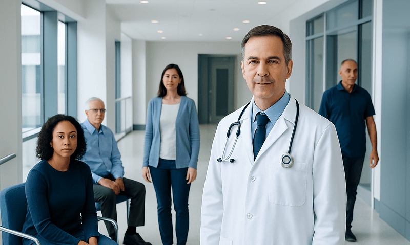 Medical team in hospital corridor with doctor and patients.