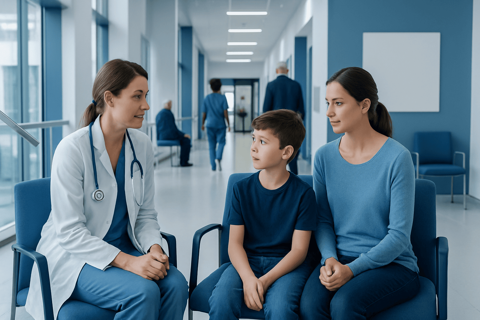 Doctor consulting a young boy and his mother in a hospital corridor.