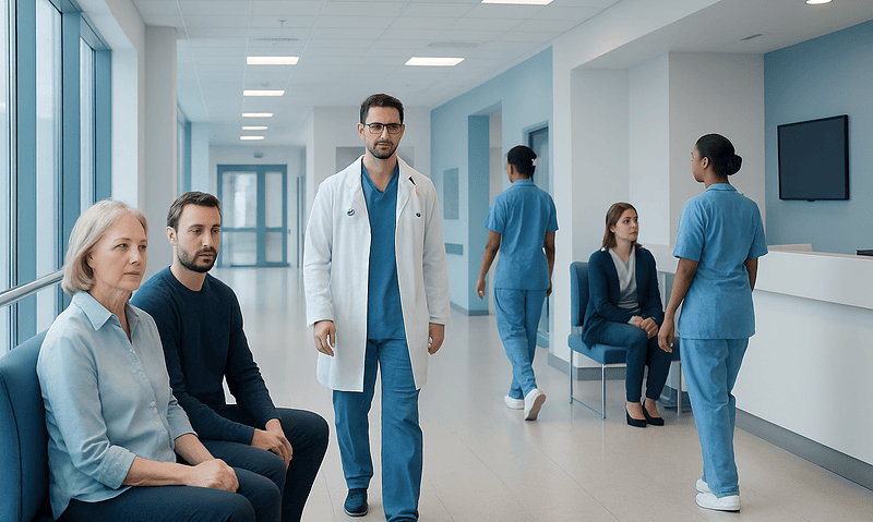 Medical team waiting in hospital corridor at Acibadem Hospitals Group.