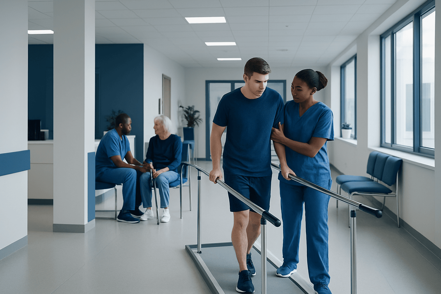 Rehabilitation therapy session with a patient and healthcare professionals in hospital.