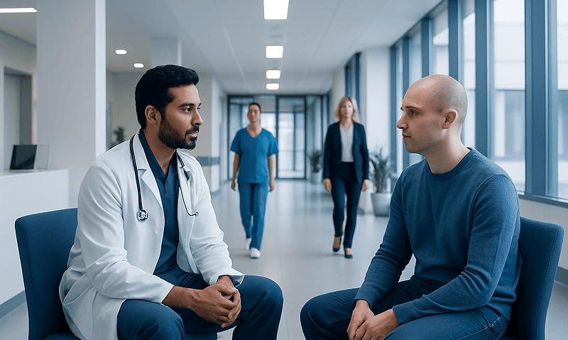 Doctor consulting with patient in modern hospital corridor.