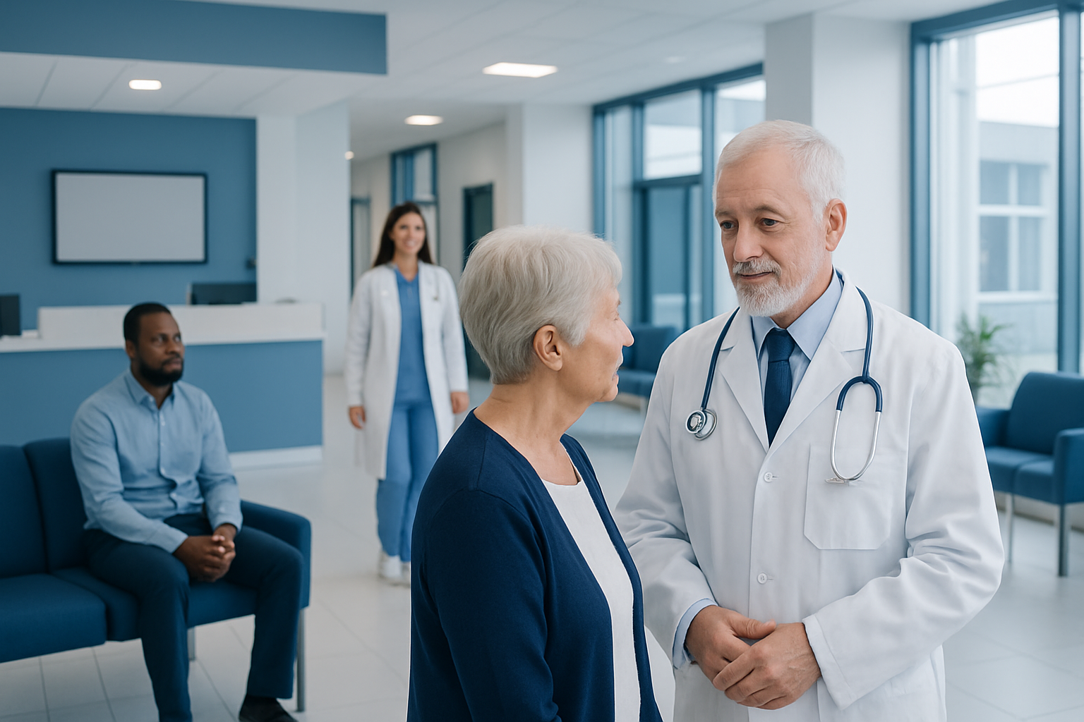 Senior woman consulting with an eye doctor in a hospital setting.