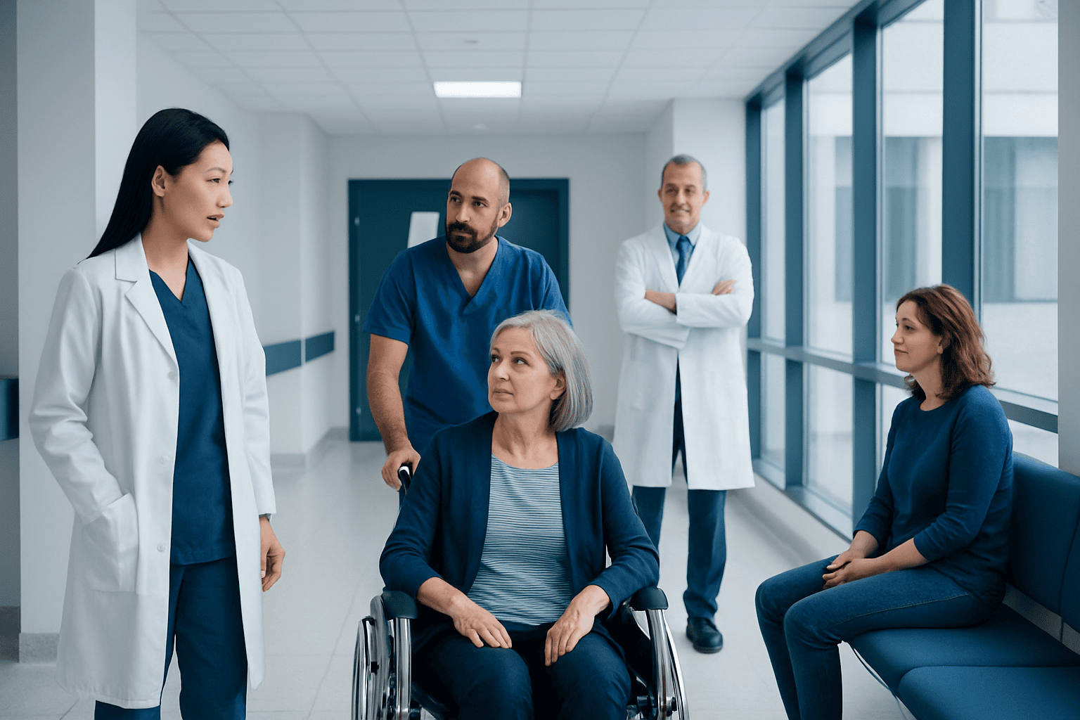 Medical team consulting with elderly patient in hospital corridor.