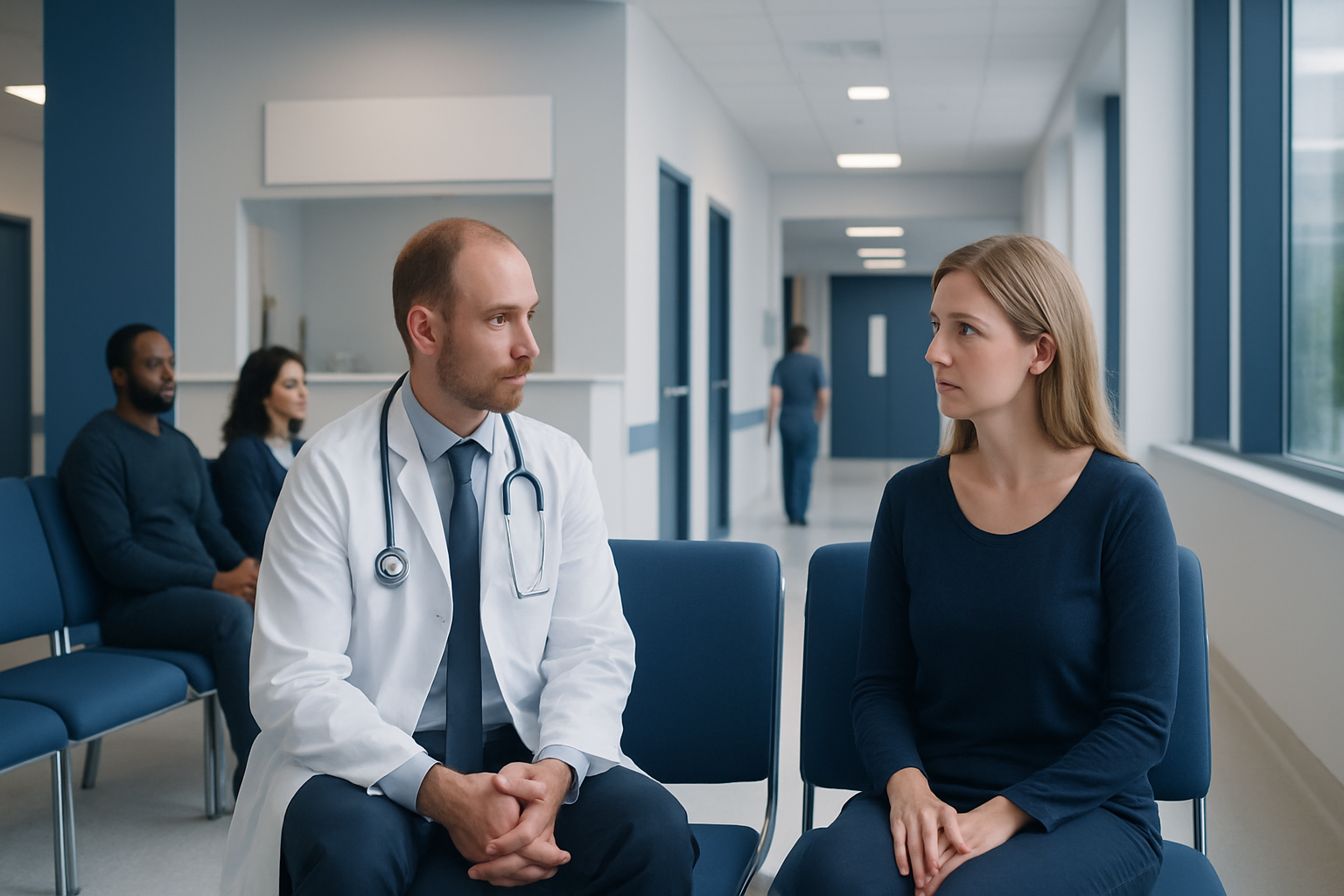 Doctor consulting with a patient in a hospital corridor.