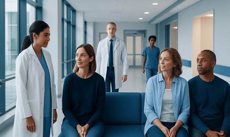 Medical consultation with diverse healthcare professionals and patients in a hospital corridor.