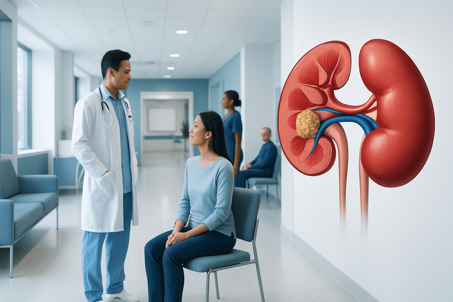 Doctor consulting patient about kidney stones in hospital corridor.