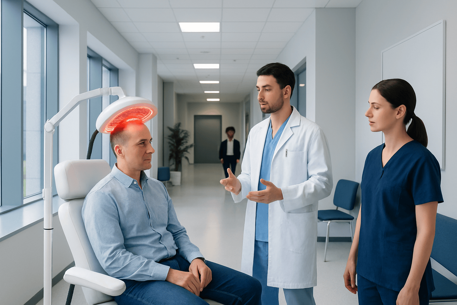 Doctor explains laser hair therapy to patient in clinic setting.