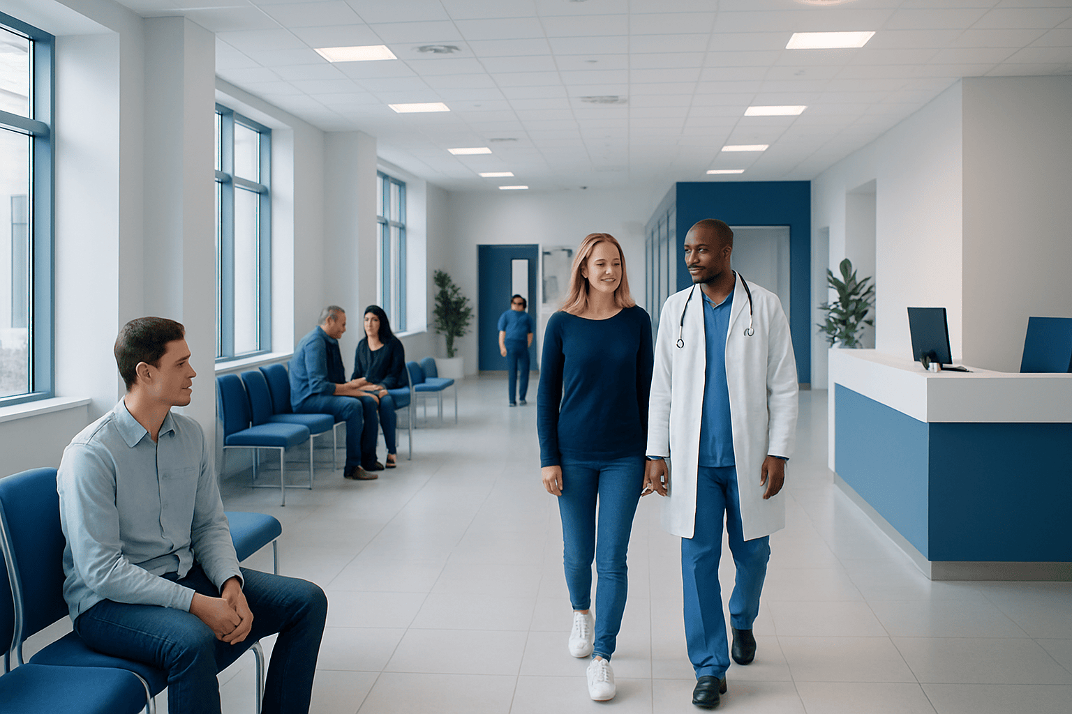 Doctor walking with patient in hospital corridor with waiting area.