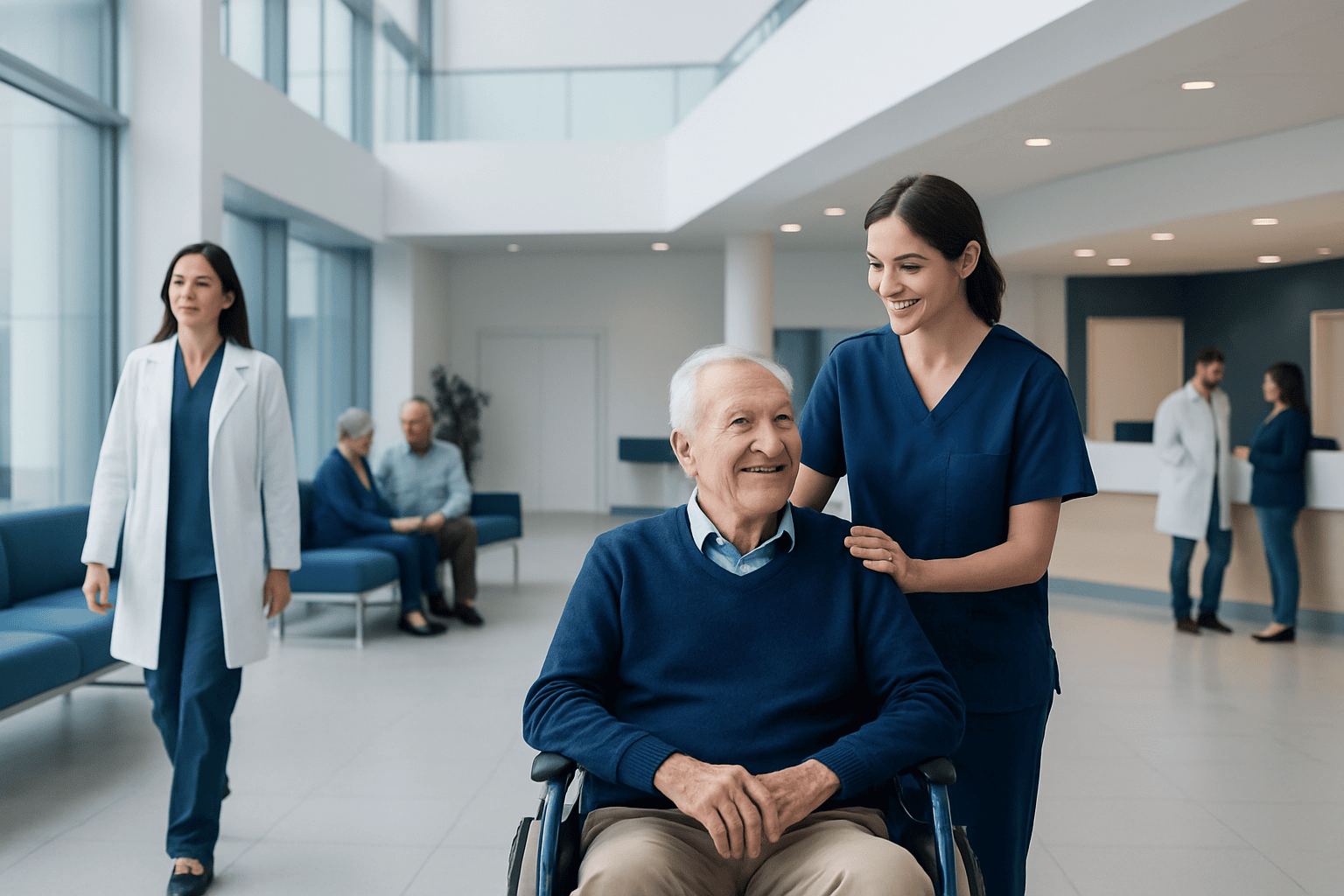 Happy elderly man in wheelchair with nurse in hospital lobby.