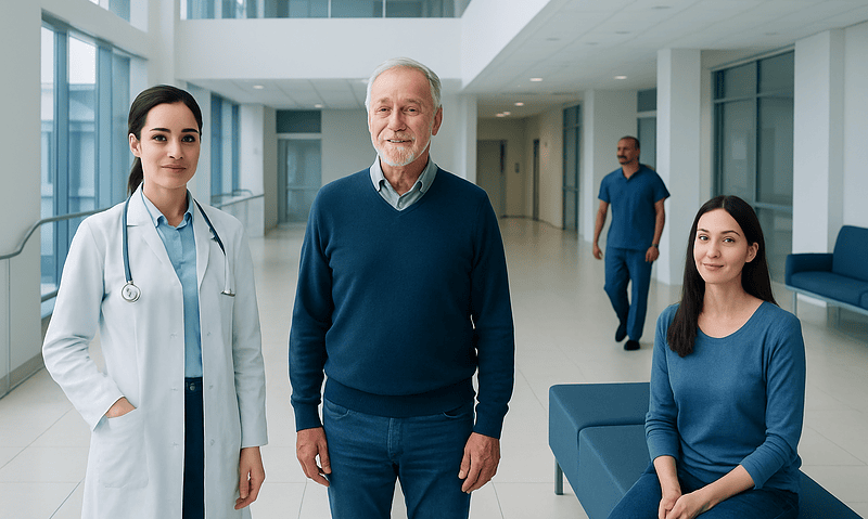 Healthcare professionals and patient in modern hospital lobby.