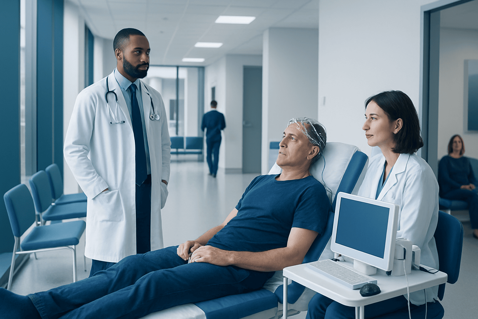 Doctor and nurse with patient in hospital corridor during neurophysiology testing.