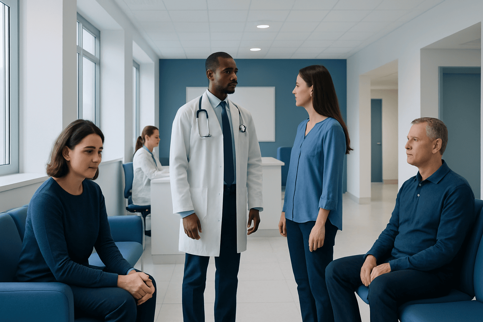 Medical professionals consulting with patients in a hospital waiting area.