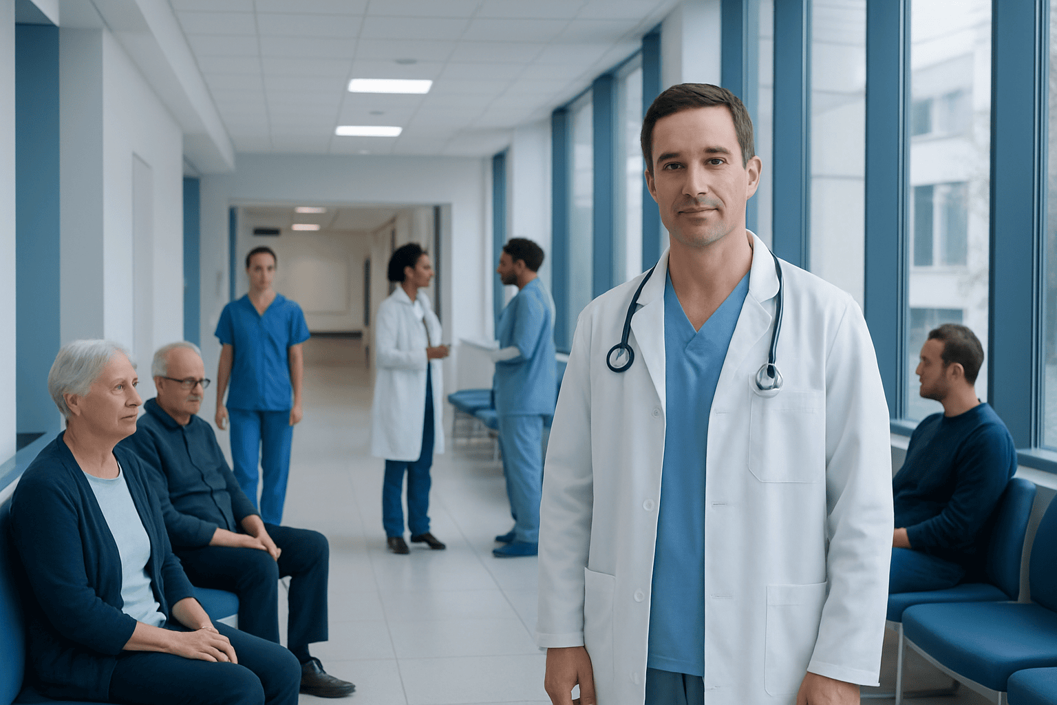 Medical team and patients in a hospital corridor at Acibadem Hospitals Group.